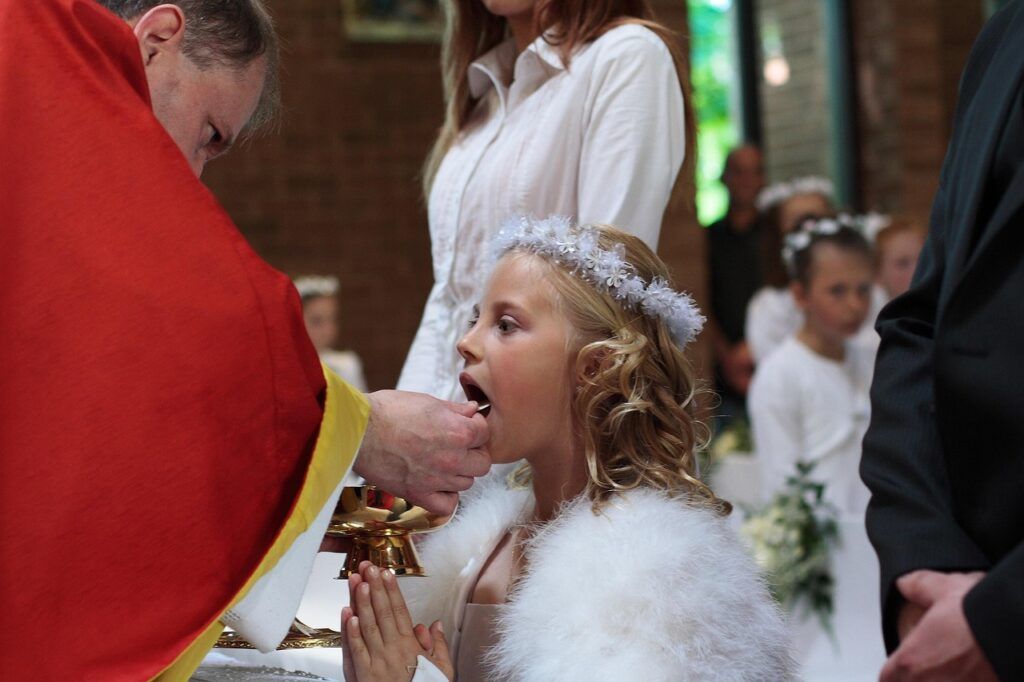 first communion, religion, catholicism, church, belief, communion, the ceremony, wafer, host, priest, eucharist
